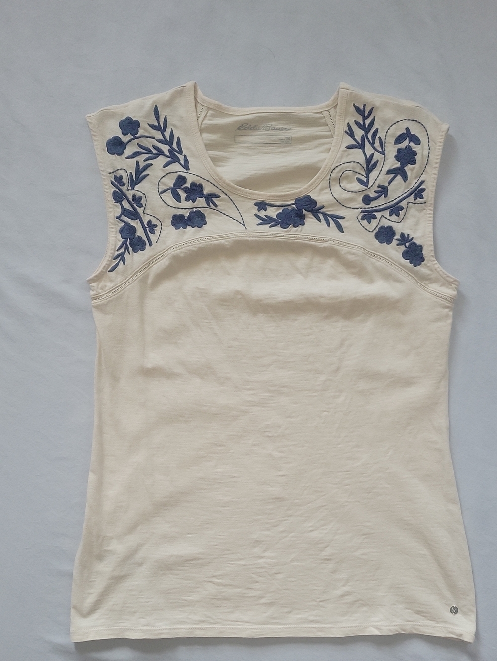 Eddie Bauer Cream Sleeveless Tank with Blue Floral Embroidery